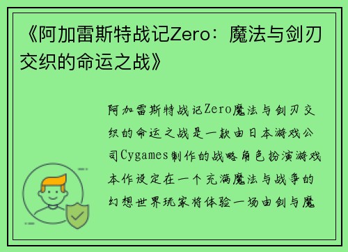 《阿加雷斯特战记Zero：魔法与剑刃交织的命运之战》